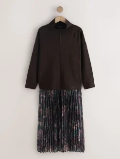 Next 2-In-1 Knitted Jumper with Pleated Midi Skirt Chocolate Brown Floral Hot