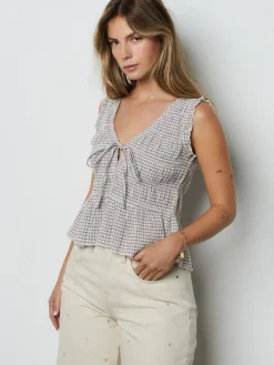 Next Shirred Tie Front Sleeveless Top Chocolate Brown Gingham Hot