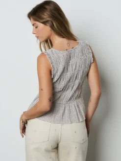 Next Shirred Tie Front Sleeveless Top Chocolate Brown Gingham Hot