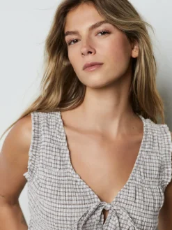 Next Shirred Tie Front Sleeveless Top Chocolate Brown Gingham Hot