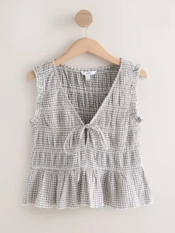 Next Shirred Tie Front Sleeveless Top Chocolate Brown Gingham Hot