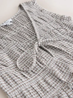 Next Shirred Tie Front Sleeveless Top Chocolate Brown Gingham Hot