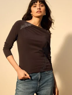 Next Chocolate Brown Lace Detail Long Sleeve Top New