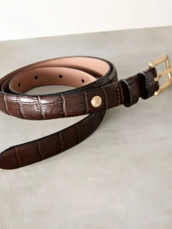 Next Chocolate Brown N. Premium Made In Italy Croc Effect Look Leather Belt Sale