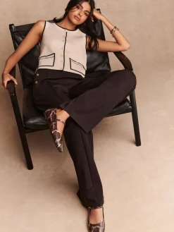 Next Ponte Wide Leg Trousers With Gold Button Detailing Chocolate Brown New