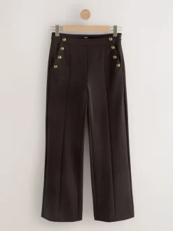 Next Ponte Wide Leg Trousers With Gold Button Detailing Chocolate Brown New