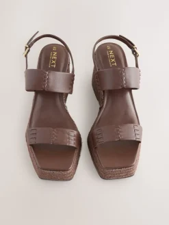 Next Premium Leather Craft Wedge Heels Chocolate Brown Discount