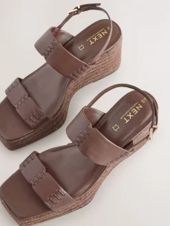Next Premium Leather Craft Wedge Heels Chocolate Brown Discount