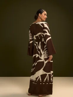 Next V-Neck 3/4 Length Sleeve Maxi Kaftan Dress Chocolate Brown Print Hot