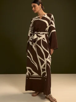 Next V-Neck 3/4 Length Sleeve Maxi Kaftan Dress Chocolate Brown Print Hot