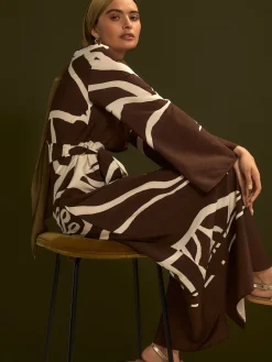 Next V-Neck 3/4 Length Sleeve Maxi Kaftan Dress Chocolate Brown Print Hot