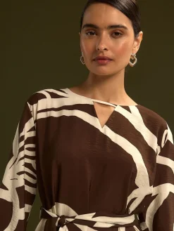 Next V-Neck 3/4 Length Sleeve Maxi Kaftan Dress Chocolate Brown Print Hot