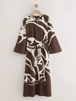 Next V-Neck 3/4 Length Sleeve Maxi Kaftan Dress Chocolate Brown Print Hot