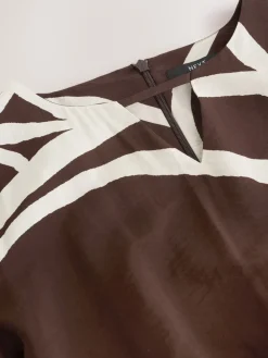 Next V-Neck 3/4 Length Sleeve Maxi Kaftan Dress Chocolate Brown Print Hot