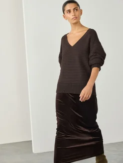 Next Ribbed V-Neck Knitted Jumper Chocolate Brown New