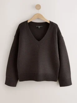 Next Ribbed V-Neck Knitted Jumper Chocolate Brown New