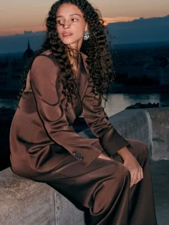 Next Chocolate Brown Satin Elastic Back Wide Leg Trousers