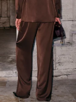Next Chocolate Brown Satin Elastic Back Wide Leg Trousers