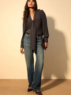 Next Scarf Neck Long Sleeve Blouse Chocolate Brown Sale