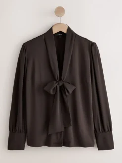 Next Scarf Neck Long Sleeve Blouse Chocolate Brown Sale