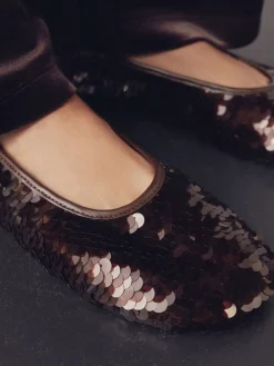 Next Forever Comfort® Round Toe Sequin Ballerina Flats Chocolate Brown Sequin New