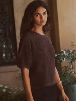 Next Short Sleeve Floral Crochet Crew Neck T-Shirt Chocolate Brown Sale