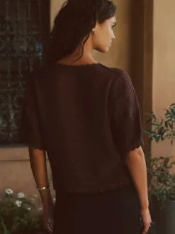 Next Short Sleeve Floral Crochet Crew Neck T-Shirt Chocolate Brown Sale