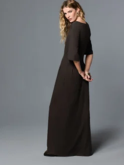 Next Short Sleeve Roll Edge Waisted Midi Dress with Linen Chocolate Brown Discount