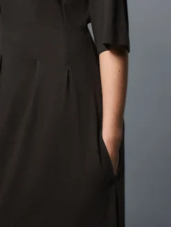 Next Short Sleeve Roll Edge Waisted Midi Dress with Linen Chocolate Brown Discount