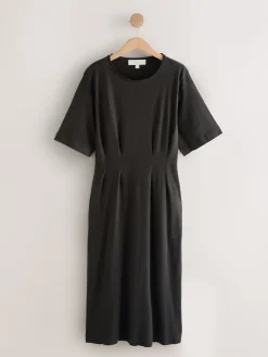 Next Short Sleeve Roll Edge Waisted Midi Dress with Linen Chocolate Brown Discount