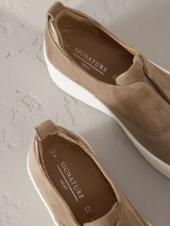 Next Slip On Signature Leather Chunky Wedge Platform Trainers Chocolate Brown Discount