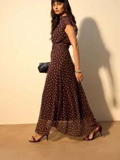 Next Pleated Mesh Print V-Neck Occasion Maxi Dress Chocolate Brown Spot Clearance