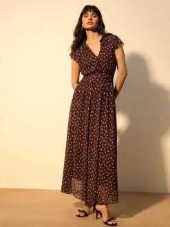 Next Pleated Mesh Print V-Neck Occasion Maxi Dress Chocolate Brown Spot Clearance