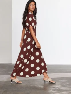 Next Print Puff Sleeve Midi Dress Chocolate Brown Spot