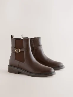 Next Standard/Wide Fit Buckled Chelsea Boots Chocolate Brown New