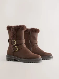 Next Standard/Wide Fit Forever Comfort® Double Buckle Faux Fur Lined Ankle Boots Chocolate Brown Sale