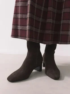 Next Standard/Wide Fit Chisel Toe Block Heel Sock Boots Chocolate Brown Clearance