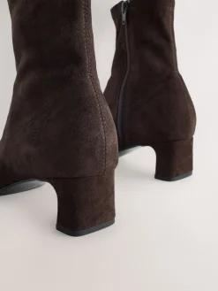 Next Standard/Wide Fit Chisel Toe Block Heel Sock Boots Chocolate Brown Clearance