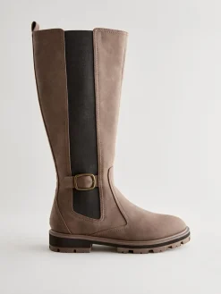 Next Standard/Wide Fit Knee High Buckle Chelsea Boots Chocolate Brown New