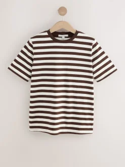 Next Heavyweight Short Sleeve Crew Neck T-Shirt Chocolate Brown Stripe
