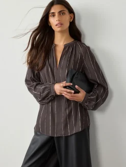 Next Chocolate Brown Stripe Long Sleeve V-Neck Blouse