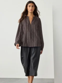 Next Chocolate Brown Stripe Long Sleeve V-Neck Blouse