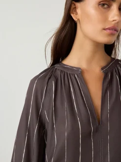 Next Chocolate Brown Stripe Long Sleeve V-Neck Blouse