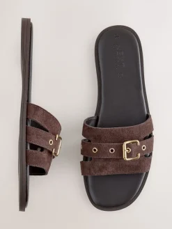 Next Buckle Mule Sandals Chocolate Brown Suede Discount