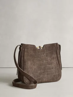 Next Chocolate Brown Suede Croc Messenger Cross-Body Bag New