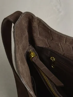 Next Chocolate Brown Suede Croc Messenger Cross-Body Bag New