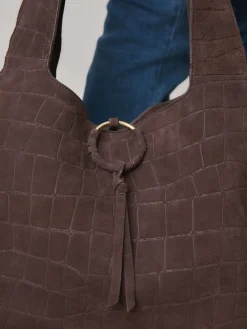 Next Chocolate Brown Suede Croc Effect Shoulder Bag Discount