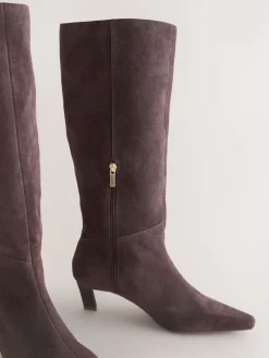 Next Forever Comfort® Knee High Chisel Toe Heeled Boots Chocolate Brown Suede New