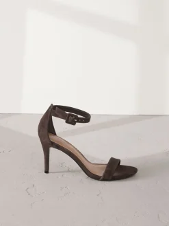 Next Signature Premium Leather Round Toe Buckle Detail Mid Simple Sandals Chocolate Brown Suede Sale