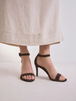 Next Signature Premium Leather Round Toe Buckle Detail Mid Simple Sandals Chocolate Brown Suede Sale